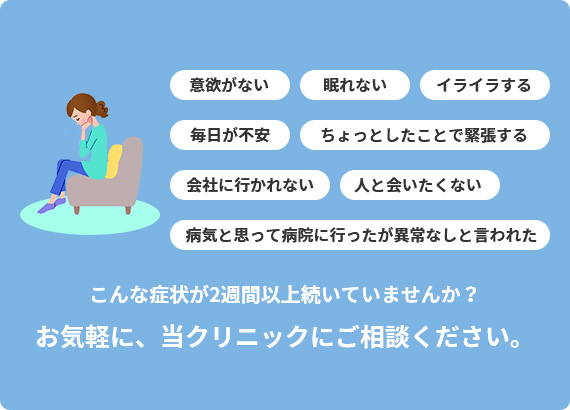 意欲がない　眠れない　イライラする　毎日が不安　ちょっとしたことで緊張する　会社に行かれない　人と会いたくない　病気と思って病院に行ったが異常なしと言われた　こんな症状が2週間以上続いていませんか？お気軽に、当クリニックにご相談ください。